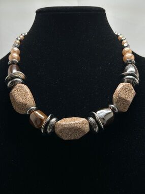 Vintage Chunky Funky Silver And Brown Necklace And Bracelet Set, 1990’s